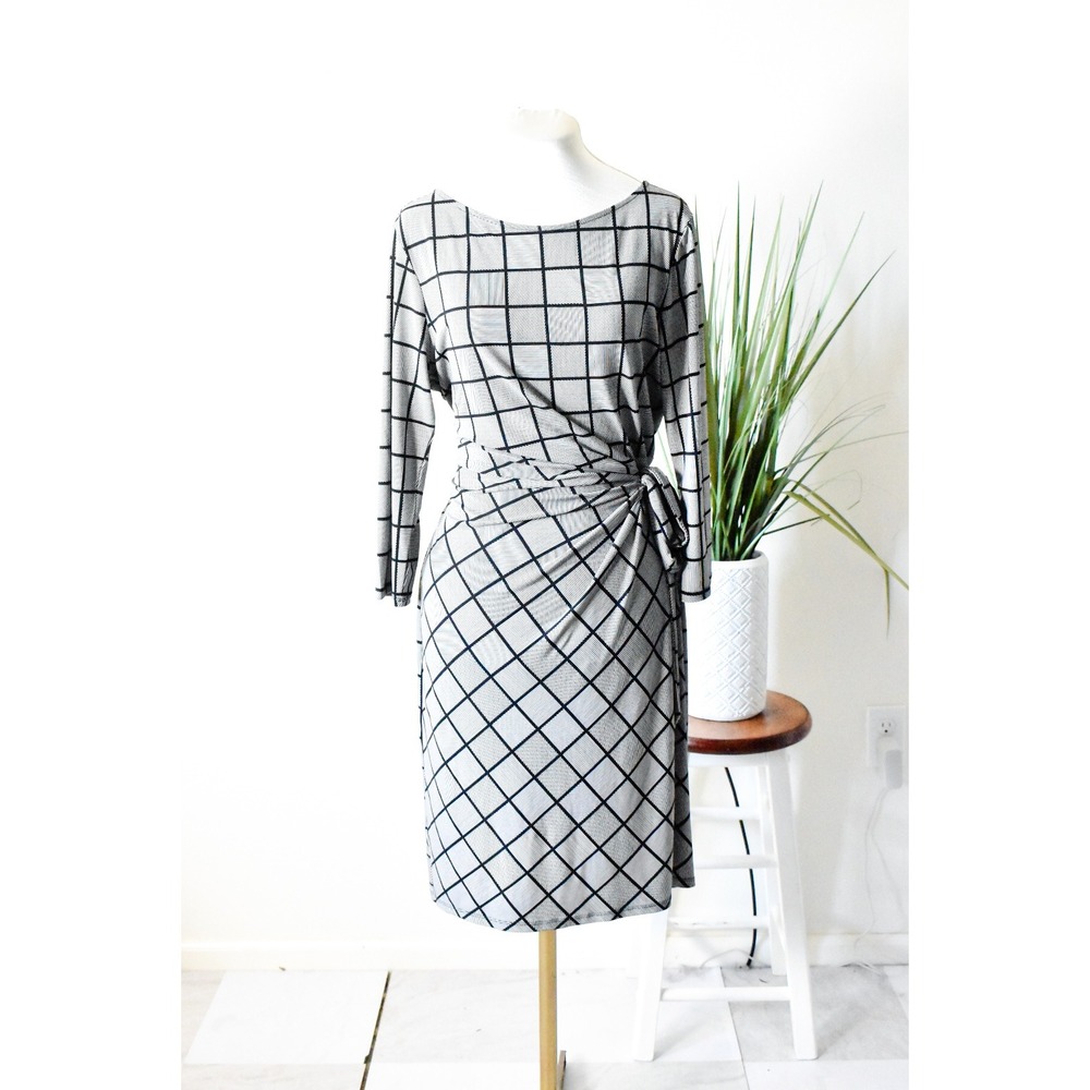 Ann Taylor Sheath Dress Women S Black White Grid Print Faux Wrap 3/4 Sleeve